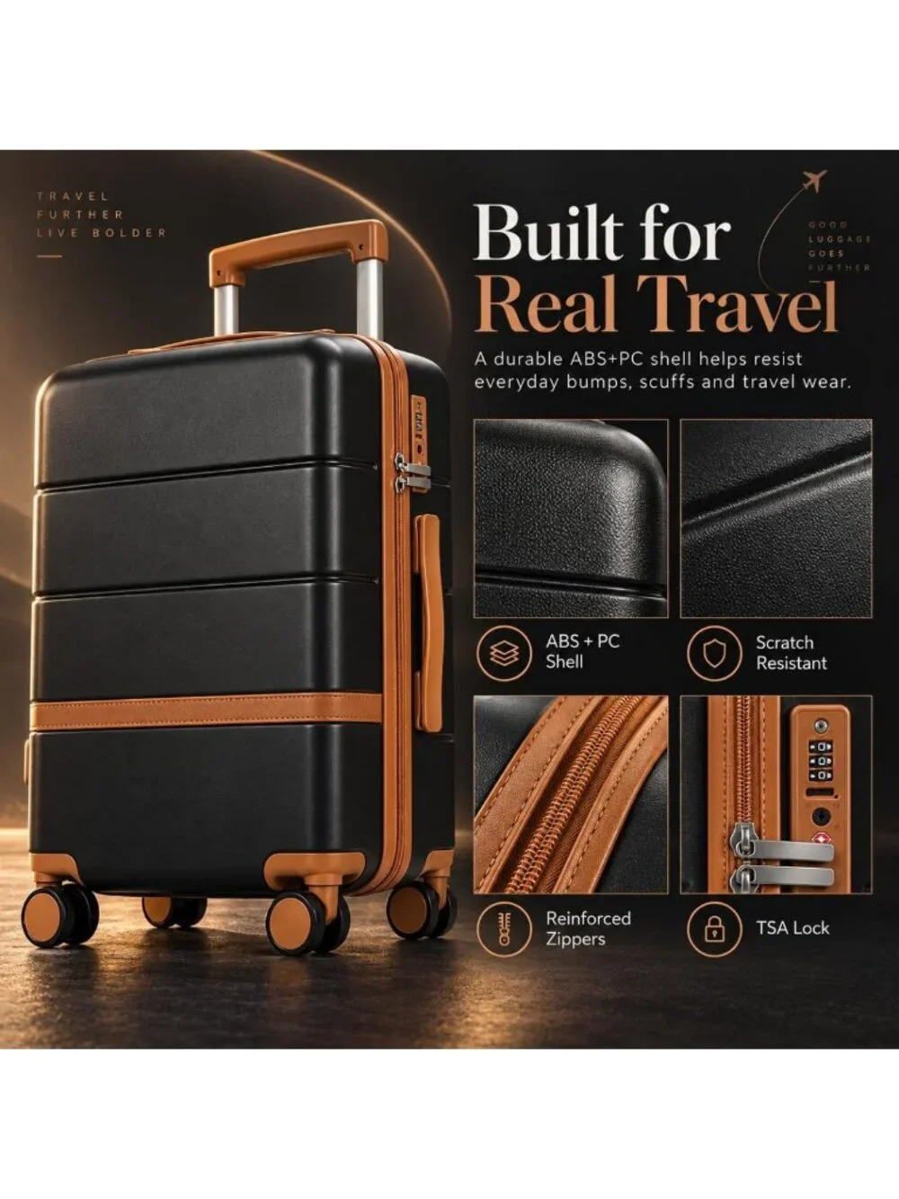 3-Piece Carry-On Luggage Set, Hard Shell Suitcase & Vintage Duffel Bag Combo